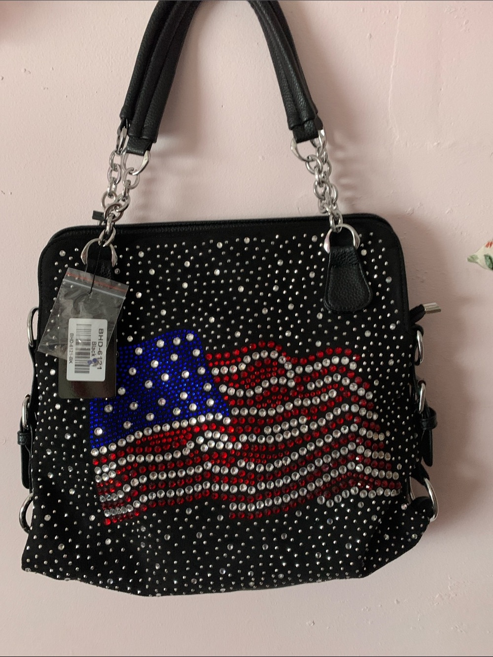 Studded Black Tote with American Flag Detail